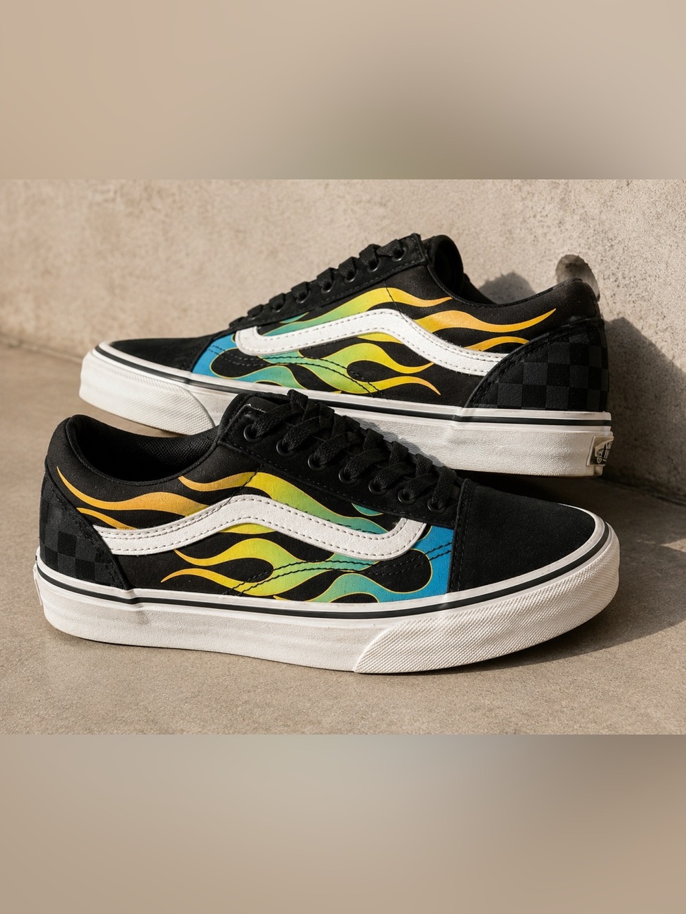 Vans Old Skool Flame Print Sneakers Black Multi-Color Skate Shoes - Picture 2 of 11
